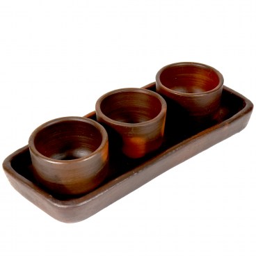 Pomaireware Rectangular Clay Tray with Conical Condiment Bowls